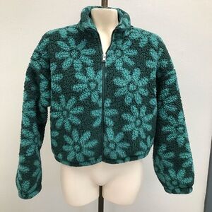 Hollister Green Floral Patterned Fleece Jacket with Pockets - Size Small